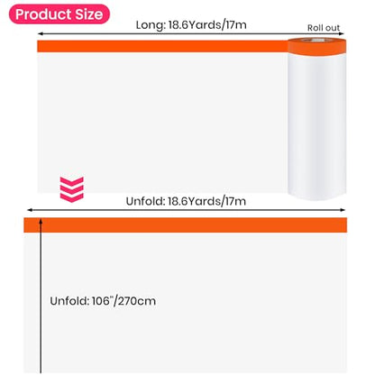 Pre Taped Masking Film Plastic Drop Cloths 102" x 56Feet (3 Count)