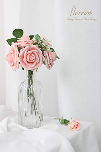 Artificial Flowers 50pcs Real Looking Peach Pink Foam Fake Roses with Stems for DIY Wedding Bouquets Bridal Shower Centerpieces Floral Arrangements Party Tables Home Decorations (50 Count)