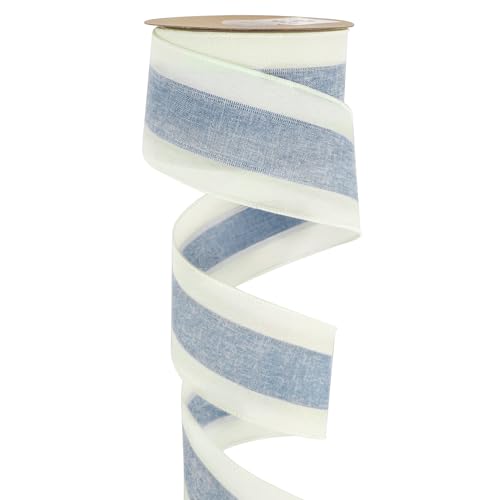 Blue and White Stripe Ribbon Wired 2.5 Inch Light Blue Burlap Ribbons with Ivory Stripe Edge Wreath Supplies (30 Foot)