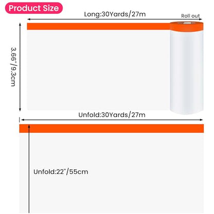 Pre Taped Masking Film Plastic Drop Cloths 22" x 30Yards (3 Count)