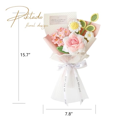 Handmade Crochet Pink Rose Daisy Bouquet for Family & Friends Finished Yarn Artificial Flower Bouquet