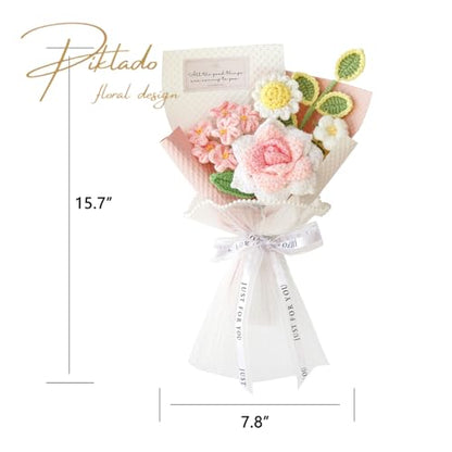 Handmade Crochet Pink Rose Daisy Bouquet for Family & Friends Finished Yarn Artificial Flower Bouquet