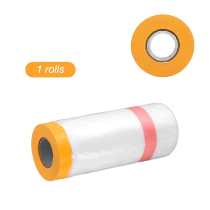 Pre Taped Masking Film 43.3" x65.6ft Double Adhesive Tape and Drape Painters Plastic Drop Cloth Film with Tape Plastic Sheeting for Automotive Painting Covering