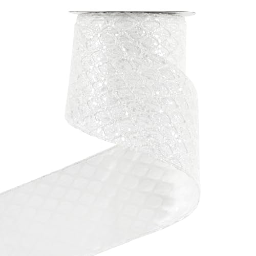 Glitter White Christmas Wired Ribbon 4 inch x 10 Yards (30 Foot)