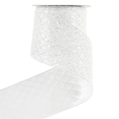 Glitter White Christmas Wired Ribbon 4 inch x 10 Yards (30 Foot)