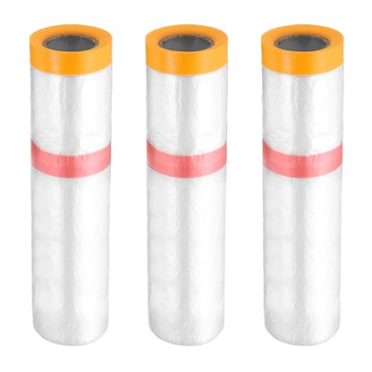 3 Rolls Pre Taped Masking Film 126" x32.8ft Double Adhesive Tape and Drape Painters Plastic Drop Cloth Film with Tape Plastic Sheeting for Automotive Painting Covering (3 Count)