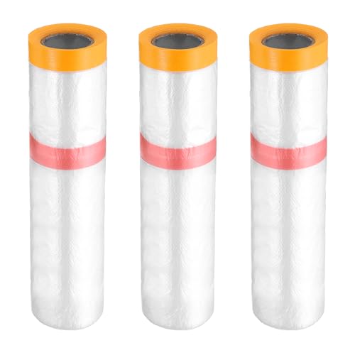 3 Rolls Pre Taped Masking Film 126" x32.8ft Double Adhesive Tape and Drape Painters Plastic Drop Cloth Film with Tape Plastic Sheeting for Automotive Painting Covering (3 Count)
