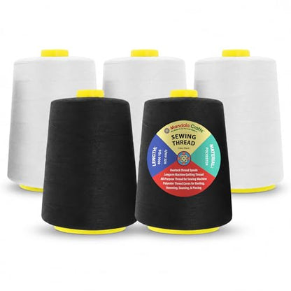40S 2 Black White Polyester 5 Pack of Serger Threads Cones (5 Count)