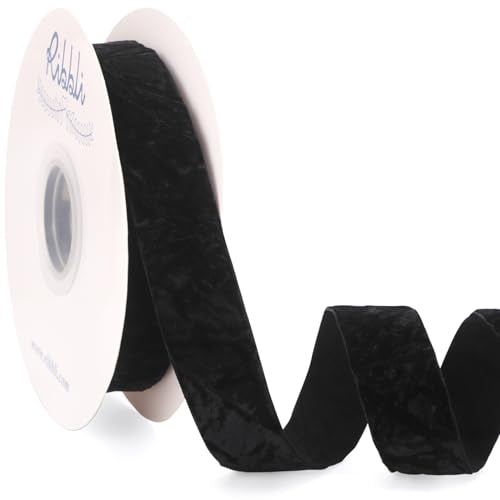 Black Velvet Ribbon 1 Inches Luxury Crinkled Black Christmas Ribbon for Gift Wrapping Crafts Home Decor