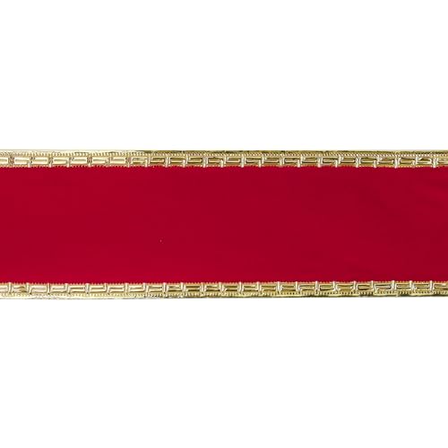 2.5 Inch Red Velvet Christmas Ribbon 10 Yards Velvet Wired Ribbons with Gold Greek Key Edge Ribbons Red Ribbon for Christmas Tree Decoration (30 Foot)