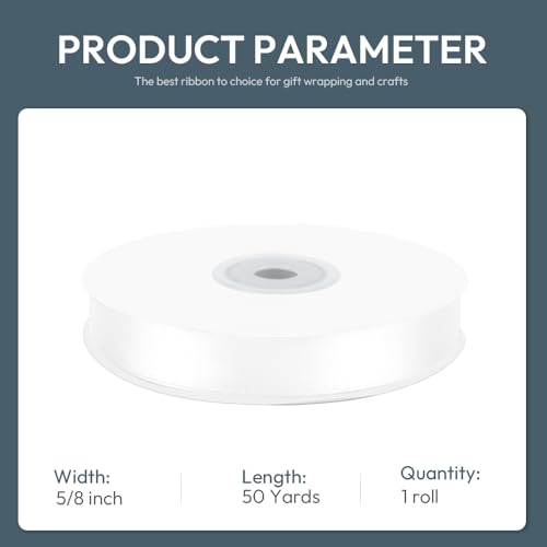 5 8" x 50 Yards White Satin Ribbon Crafts Gift Wrapping (150 Foot)