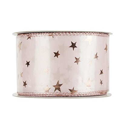 Pink Star Wired Ribbon 2.5 Inch Rose Gold Star Ribbon Wired 25 Yards Roll Pink Wedding Ribbons Stars Christmas Ribbons for Crafts (75 Foot)