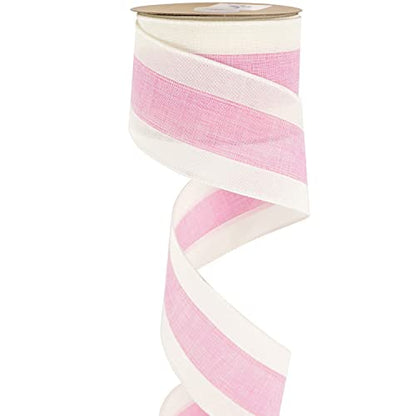 Pink White Stripe Wired Burlap Ribbon with Ivory Stripes Edge (30 Foot)