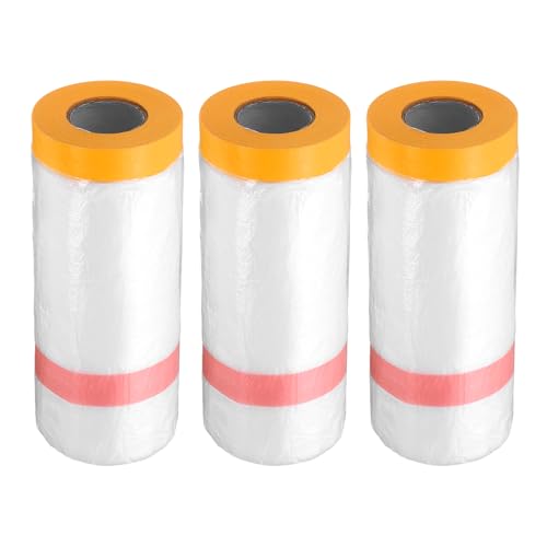3 Rolls Pre Taped Masking Film 43.3" x65.6ft Double Adhesive Tape and Drape Painters Plastic Drop Cloth Film with Tape Plastic Sheeting for Automotive Painting Covering (3 Count)