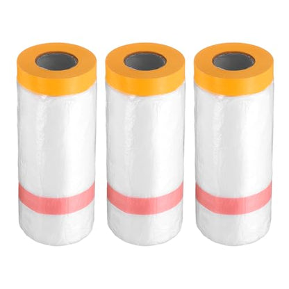 3 Rolls Pre Taped Masking Film 43.3" x65.6ft Double Adhesive Tape and Drape Painters Plastic Drop Cloth Film with Tape Plastic Sheeting for Automotive Painting Covering (3 Count)