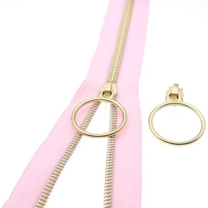 5 Gold Metallic Nylon Coil Zippers by The Yard Bulk 10 Yards Pink Zipper Tape with 25pcs Gold Ring Pull Sliders for DIY Sewing Tailor Craft Bag (25 Count)