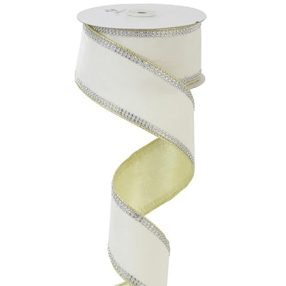 Gold & White Velvet with Rhinstone Edge Wired Ribbon 2.5 Inch Luxury Jeweled Ribbon 5 Yards Sparkling Rhinestone Trim for Christmas Tree (15 Foot)