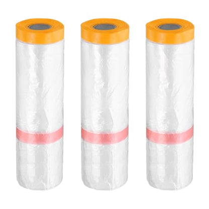 3 Rolls Pre Taped Masking Film 78.7" x65.6ft Double Adhesive Tape and Drape Painters Plastic Drop Cloth Film with Tape Plastic Sheeting for Automotive Painting Covering (3 Count)