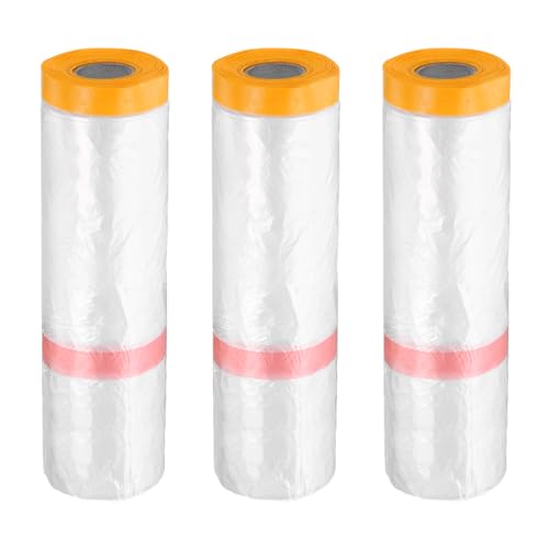 3 Rolls Pre Taped Masking Film 78.7" x65.6ft Double Adhesive Tape and Drape Painters Plastic Drop Cloth Film with Tape Plastic Sheeting for Automotive Painting Covering (3 Count)