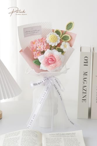 Handmade Crochet Pink Rose Daisy Bouquet for Family & Friends Finished Yarn Artificial Flower Bouquet