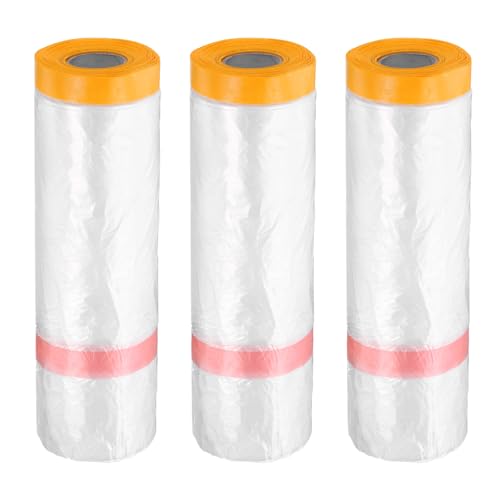 3 Rolls Pre Taped Masking Film 126" x65.6ft Double Adhesive Tape and Drape Painters Plastic Drop Cloth Film with Tape Plastic Sheeting for Automotive Painting Covering (3 Count)