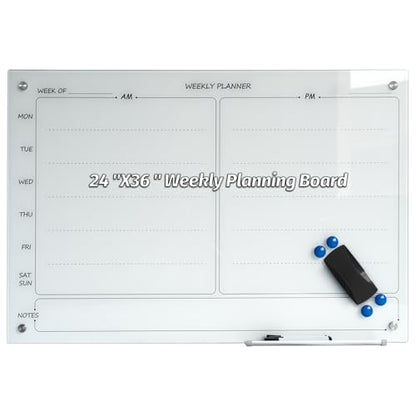 Glass Whiteboard 24"X36" Weekly Calendar Writeboard Magnetic Planner WritingBoard Dry Erase Board Frameless White Board for Office School Home Tray