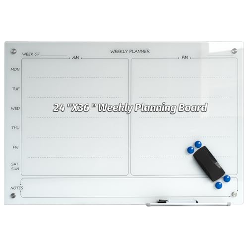Glass Whiteboard 24"X36" Weekly Calendar Writeboard Magnetic Planner WritingBoard Dry Erase Board Frameless White Board for Office School Home Tray