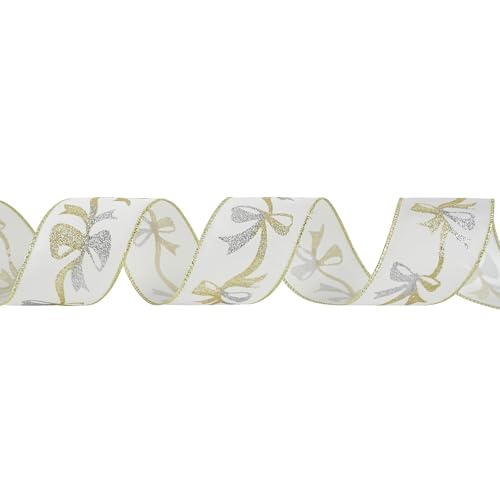 Gold and Silver Christmas Ribbon 2.5 Inch White Satin Ribbons with Gold and Silver Glittery Bows Pattern 10 Yards Christmas Wired Ribbon for Tree (30 Foot)
