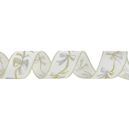 Gold and Silver Christmas Ribbon 2.5 Inch White Satin Ribbons with Gold and Silver Glittery Bows Pattern 10 Yards Christmas Wired Ribbon for Tree (30 Foot)