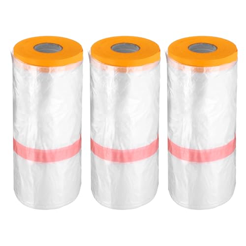 3 Rolls Pre Taped Masking Film 106.3" x65.6ft Double Adhesive Tape and Drape Painters Plastic Drop Cloth Film with Tape Plastic Sheeting for Automotive Painting Covering (3 Count)