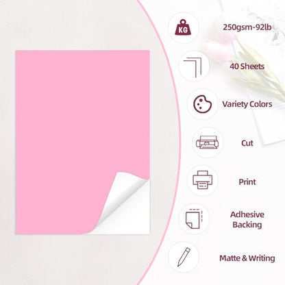 40 Sheets Printable Sticker Paper Heavy Weight Colored Self Adhesive Sticker Cardstock A4 250GSM 90LB 20 Assorted Colors (40 Count)
