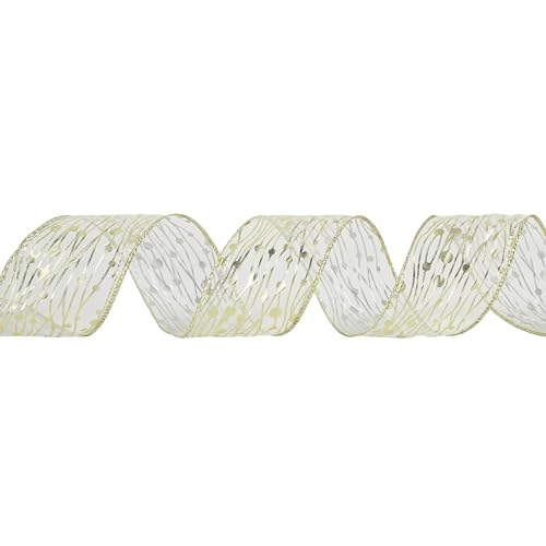 Gold Wired Ribbon 2.5 Inch Sheer Wired Christmas Ribbon with Horizontal Stripes and Polka Dots Christmas Ribbons Organza Wire 25 Yards Organza Sheer Ribbons for Gift Wrapping (75 Foot)