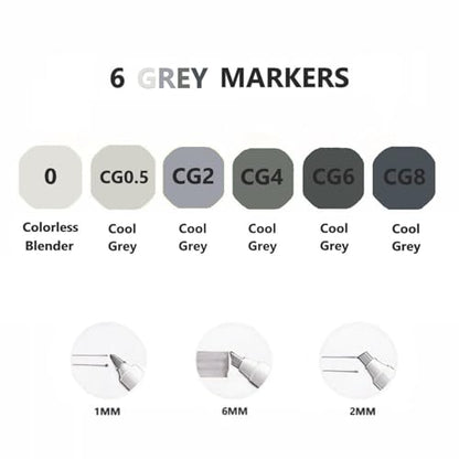 6pcs Cool Grey Alcohol Markers Set Dual Tip Fine&Chisel Art Markers (6 Count)