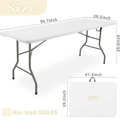 Folding Table 8 FT Camping Table Portable White Heavy Duty Plastic Rectangular Outdoor Dining Table Steel Legs Fold