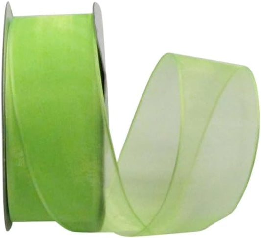 Ribbon Bazaar Sheer Organza Wired Ribbon - 100% Polyester Wire Edged Ribbon for Floral Decor, Table Arrangements, Apparel Embellishment & More - 1-1/2" Apple Green 25yd - Crafty Corner