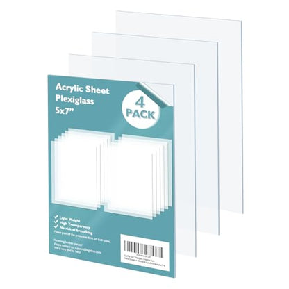 Plexiglass Sheets Acrylic Sheets 4 Pack of 5x7’’ 0.04 Thick Clear Plastic Cast Transparent Plexi Glass for Crafting Projects