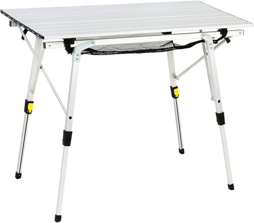 Outdoor Folding Portable Picnic Camping Table with Adjustable Height Aluminum Roll Up Table Top Mesh Layer