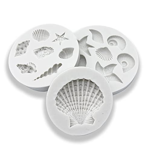 3 PCS Marine Theme Cake Fondant Silicone Mold Seashell Conch Starfish Coral Baking Molds for DIY Cake Decoration Chocolate Candy Polymer Clay Crafting Projects (3 Count)
