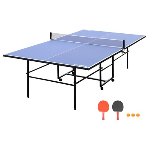 8ft/9ft Mid-Size Table Tennis Table Foldable & Portable Ping Pong Table Set for Indoor Games with Net, 2 Table Tennis Paddles and 3 Balls (7 Count)