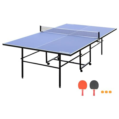 8ft/9ft Mid-Size Table Tennis Table Foldable & Portable Ping Pong Table Set for Indoor Games with Net, 2 Table Tennis Paddles and 3 Balls (7 Count)