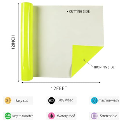 HTV Neon Yellow Iron on Vinyl 12Inch by 12ft Roll HTV Heat Transfer Vinyl for T