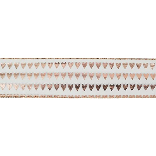 2.5 Inch Rose Gold Heart Wired Ribbon 25 Yards Pink Sheer Ribbons with Hearts Roll Pink Organza Wedding Ribbons Heart Ribbon for Crafts (75 Foot)