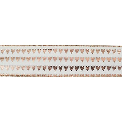 2.5 Inch Rose Gold Heart Wired Ribbon 25 Yards Pink Sheer Ribbons with Hearts Roll Pink Organza Wedding Ribbons Heart Ribbon for Crafts (75 Foot)