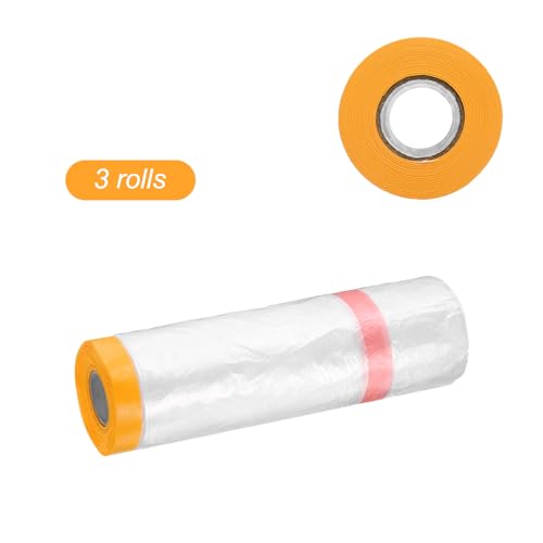 3 Rolls Pre Taped Masking Film 126" x65.6ft Double Adhesive Tape and Drape Painters Plastic Drop Cloth Film with Tape Plastic Sheeting for Automotive Painting Covering (3 Count)