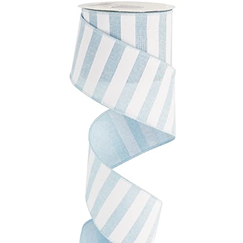 Blue White Stripe Ribbon 2.5 Inch Light Blue Wired Ribbon for Baby Boy Wreath (30 Foot)
