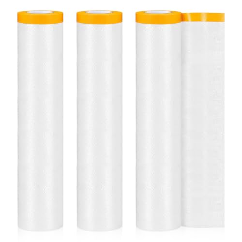 3 Roll Painters Plastic with Tape Pre Taped Masking Film for Painting Automotive Paint Adhesive Protective Film Masking Tape Roll Plastic Painting Covering