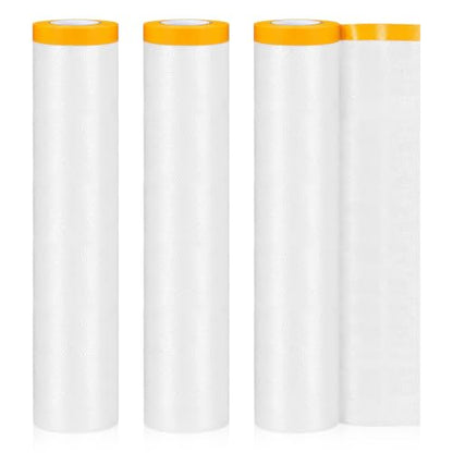 3 Roll Painters Plastic with Tape Pre Taped Masking Film for Painting Automotive Paint Adhesive Protective Film Masking Tape Roll Plastic Painting Covering