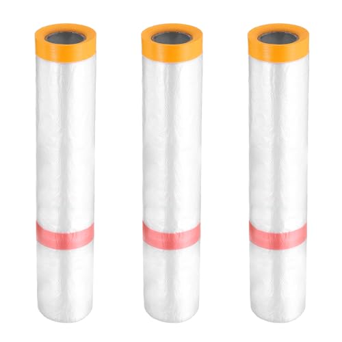 3 Rolls Pre Taped Masking Film 157.5" x32.8ft Double Adhesive Tape and Drape Painters Plastic Drop Cloth Film with Tape Plastic Sheeting for Automotive Painting Covering (3 Count)
