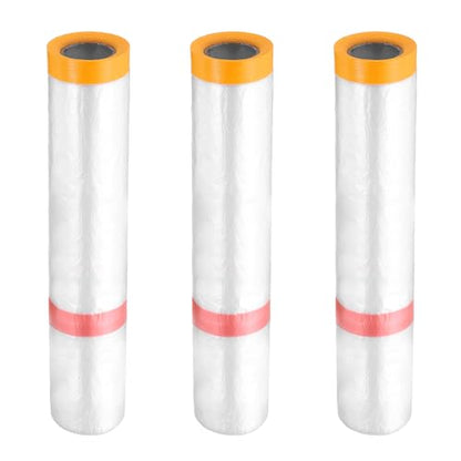 3 Rolls Pre Taped Masking Film 157.5" x32.8ft Double Adhesive Tape and Drape Painters Plastic Drop Cloth Film with Tape Plastic Sheeting for Automotive Painting Covering (3 Count)