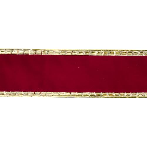 Burgundy Velvet Ribbon 2.5 Inch Dark Red Christmas Ribbon 10 Yards Maroon Velvet Wired Ribbons with Gold Greek Key Edge Burgundy Ribbons for Christmas Tree Decoration (30 Foot)